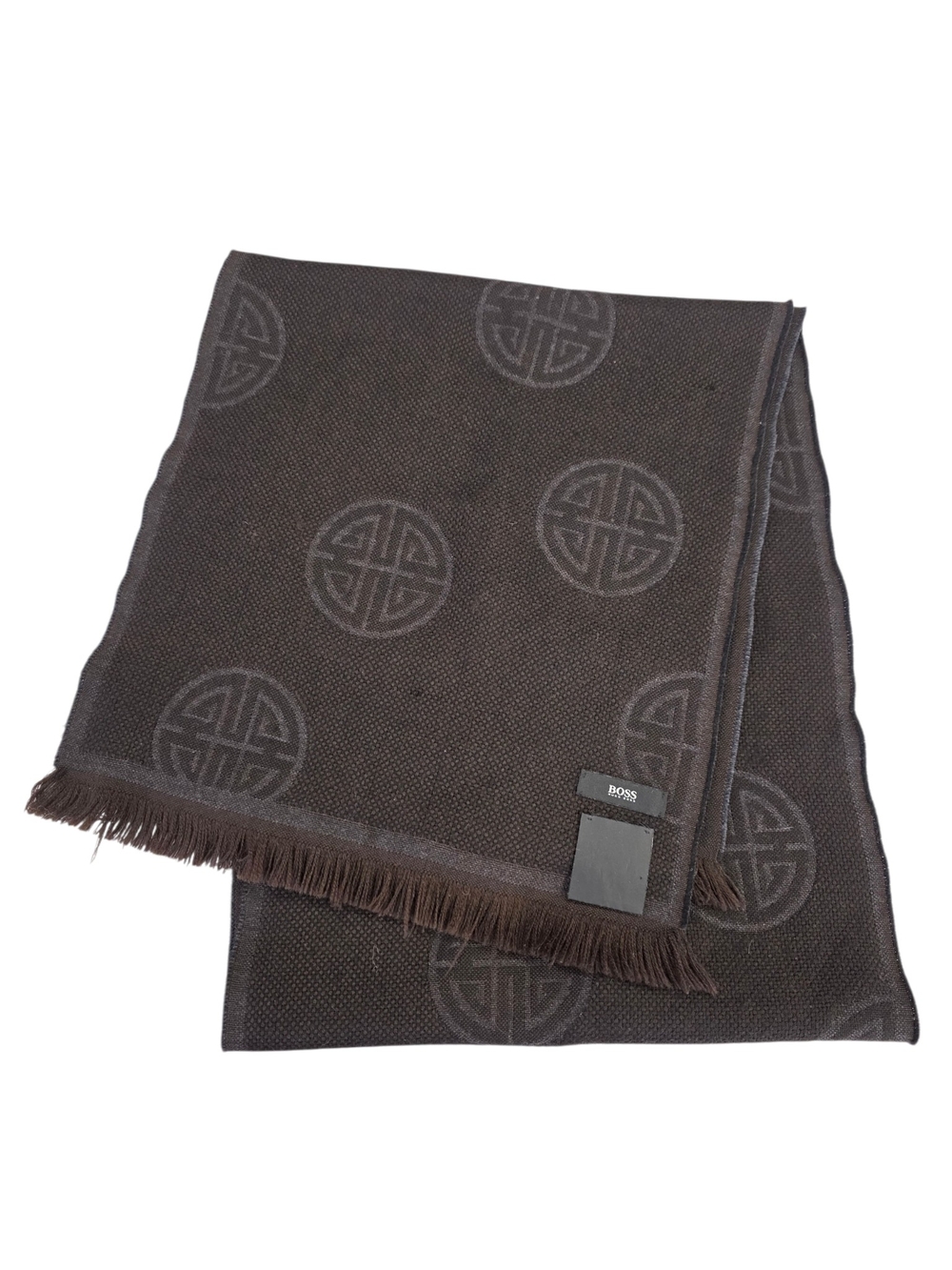 BOSS Men's Dark Brown Patterned Wool-Blend Scarf